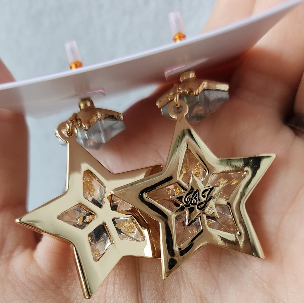 NWT Betsey Johnson Celestial Double Star Drop Earrings, Silver/Gold, Lightweight - Picture 2 of 10